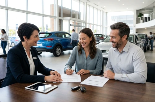 DriveWise lending specialist reviewing a car loan application with a client in a bright modern office